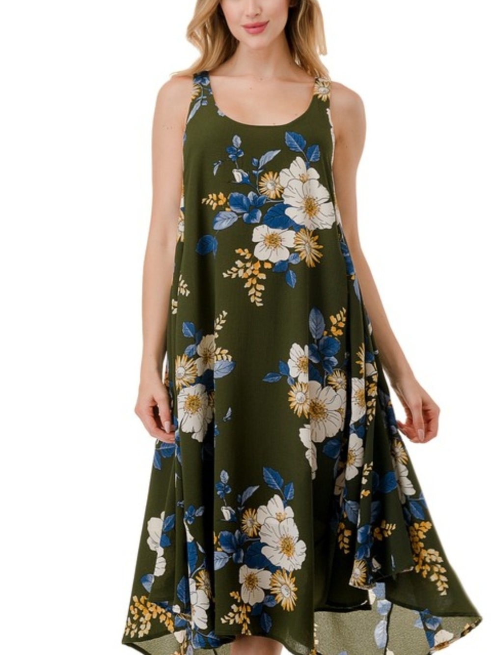 Olive Green Floral A-Line Midi Dress
